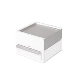 A small Umbra STOWIT MINI JEWELRY BOX WHT/NKL with a drawer on top, perfect for organizing jewelry or other small items.