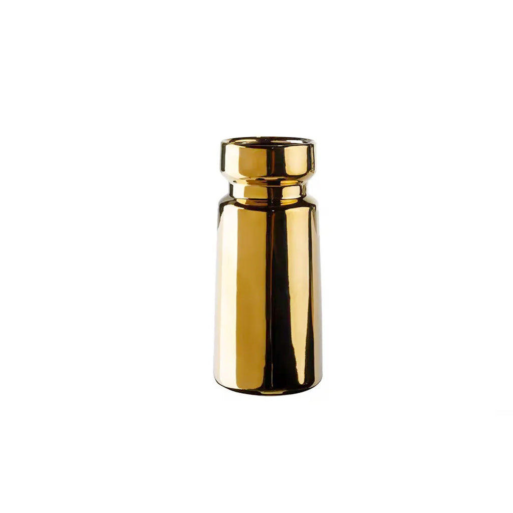 Polished gold ceramic cylinder vase with a stepped collared neck, shown on a plain white background
