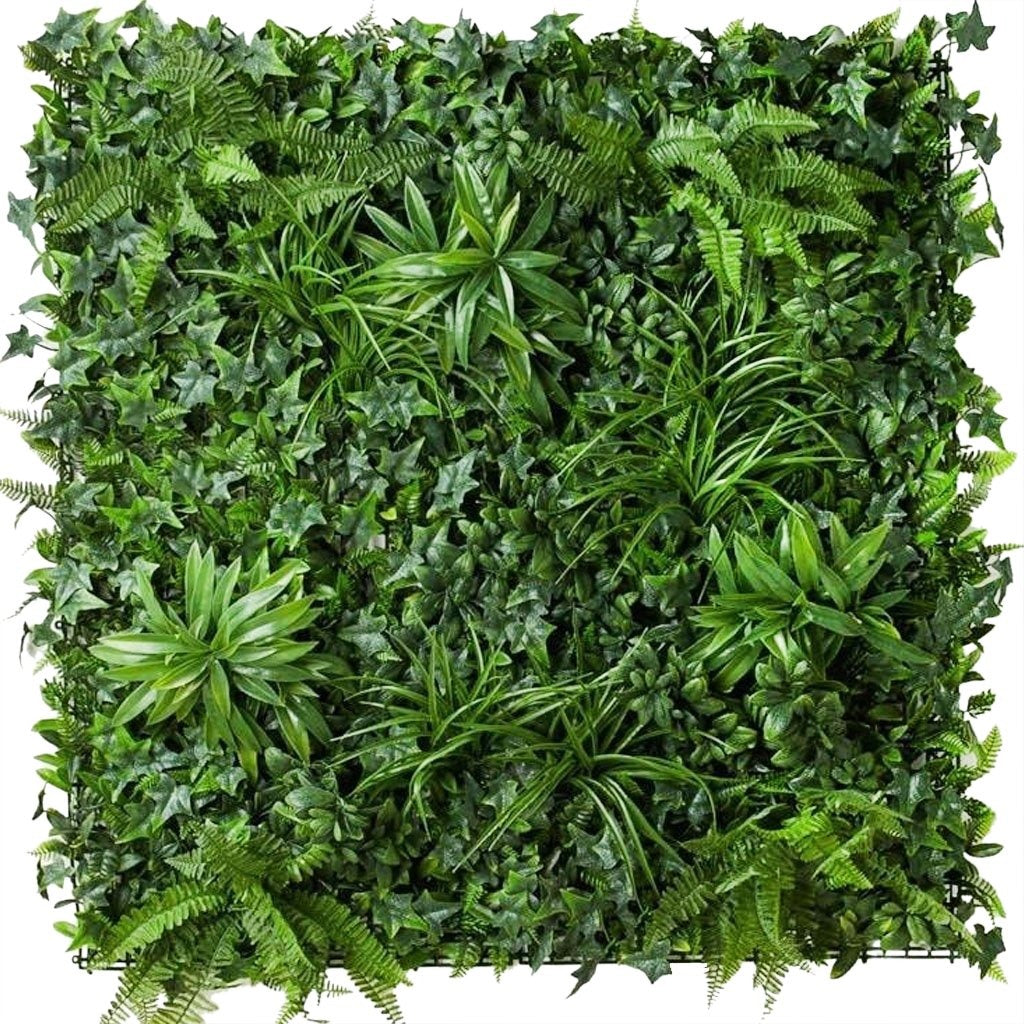 1m x 1m artificial green wall foliage panel mounted on an interior wall