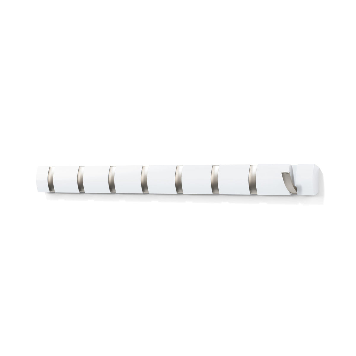 A Flip 8 Hook White wall mounted coat rack from the Umbra range with four retractable hooks.