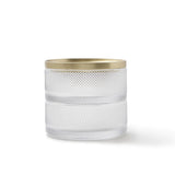 A modern design storage solution, the Umbra Tesora Storage Box features a clear glass container with a gold rim.