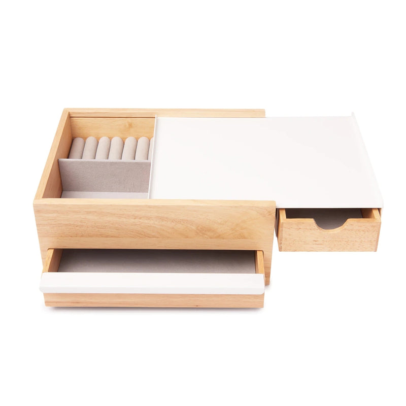 A STOWIT JEWELRY BOX NATURAL from Umbra with hidden compartments and storage drawers.