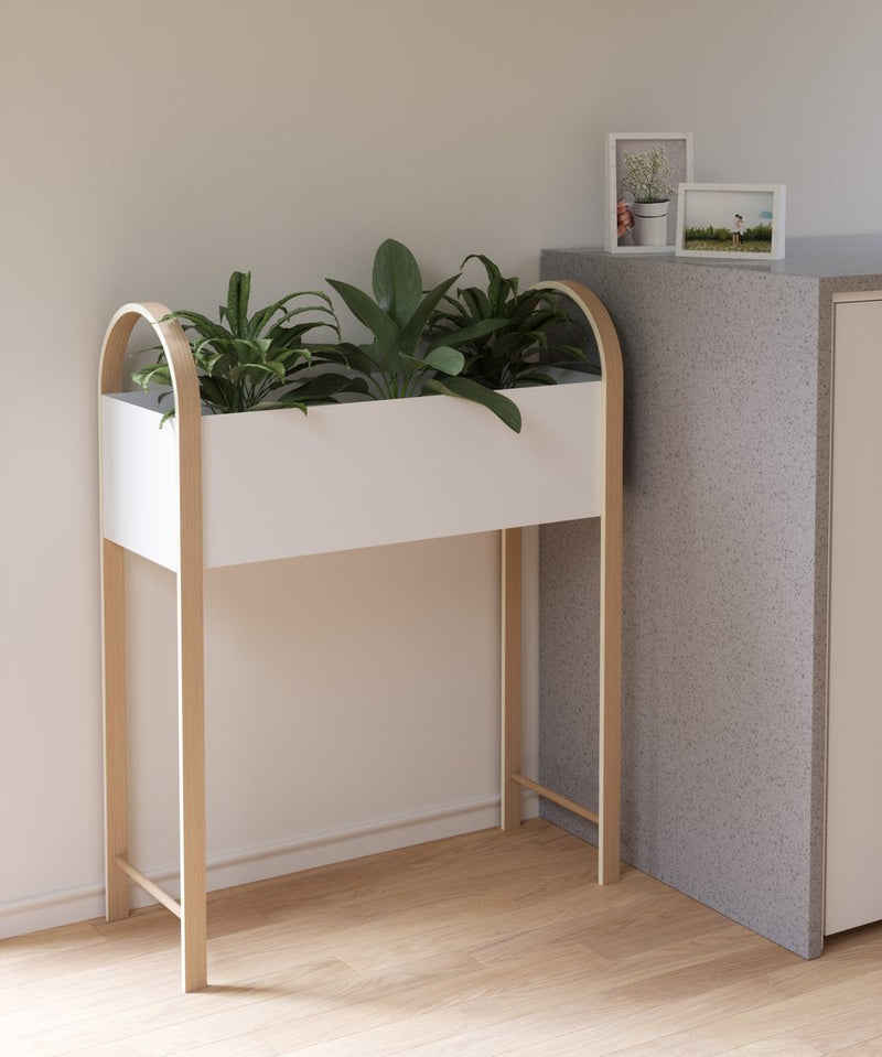 An Umbra indoor white Bellwood Storage / Planter, serving as a versatile planter solution, placed on a wooden table in a room.