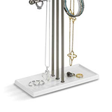 A tangle-free Umbra Trigem jewelry stand with several necklaces and bracelets on it.