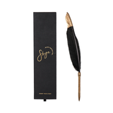 Product description: The AXEL & ASH Black Feather Pen features elegant gold lettering and is accompanied by a stylish black box. Ideal for professionals or as a gift, this sophisticated set exudes luxury and refinement. Elevate your writing experience with the Black Feather Pen by AXEL & ASH.