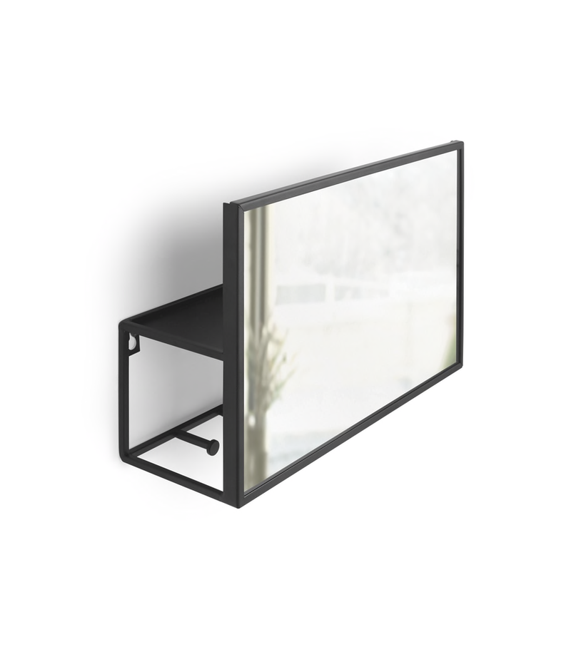 A black frame with a mirror on it. This must-have Umbra Cubiko Mirror & Organizer - Black is perfect for small space living and an essential addition to any entryway.