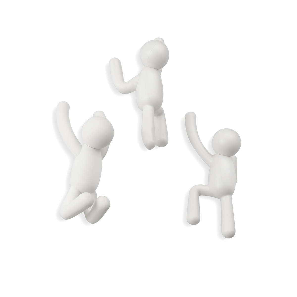 Three Umbra Buddy hooks in white, figure-shaped wall hooks in climbing poses