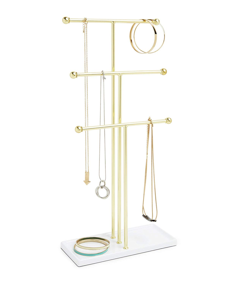 3-Tier Brass Metal and Burnt Wood Triangular Wall Mounted Jewelry Organizer  Rack and Necklace Hanger