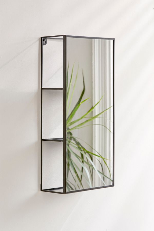Umbra Cubiko mirror and storage unit in black, mirrored back with two open shelves