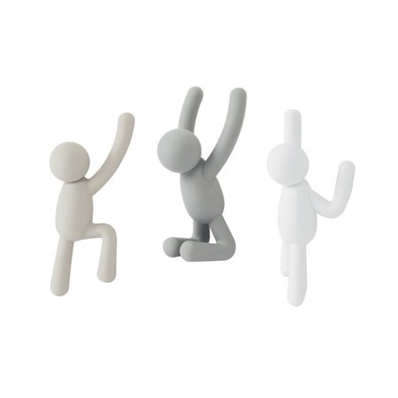 A set of three durable molded polypropylene Buddy Hooks from the Umbra range, standing on a white surface.