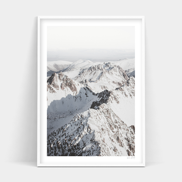 A photo of snowy mountains in a white frame of MOUNT COOK, NEW ZEALAND by Art Prints available for delivery.