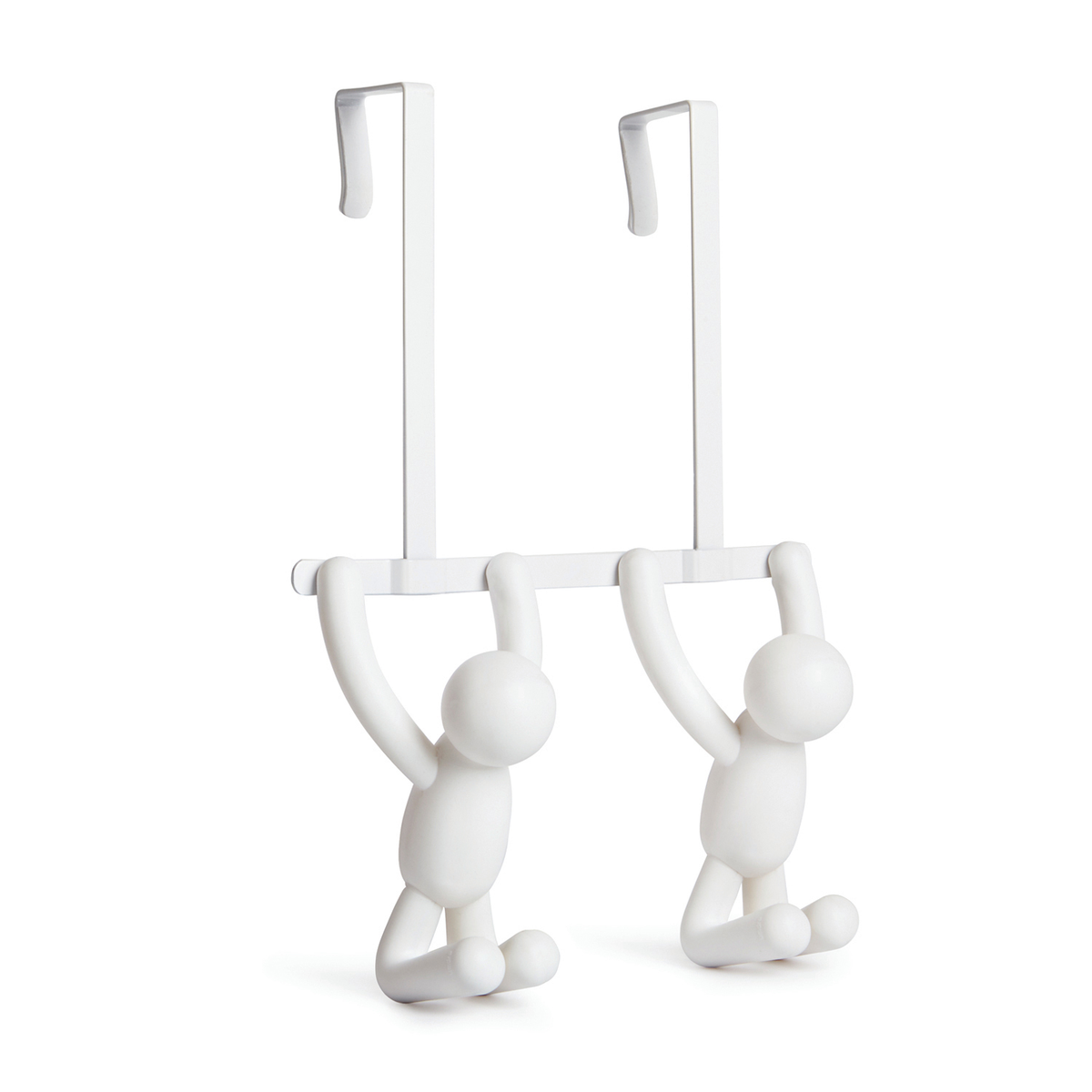 Two white Buddy figures forming the Umbra over-the-door double hook
