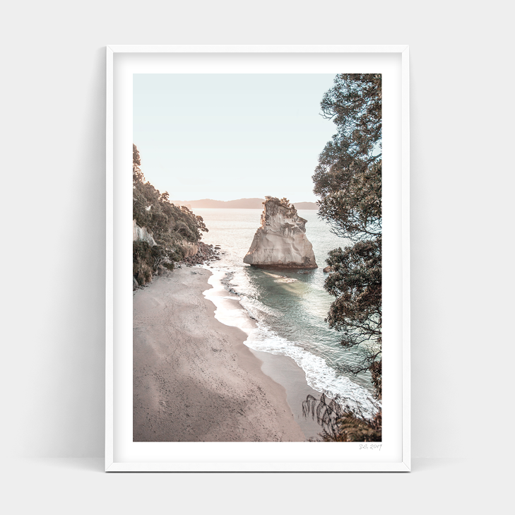 A framed print of "CATHEDRAL COVE, COROMANDEL, NEW ZEALAND" by Art Prints, available for delivery.
