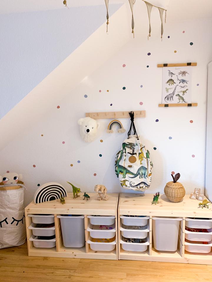 A dinosaur themed child's room with a toy storage area featuring the Dino Raw Printed Play Pouch.