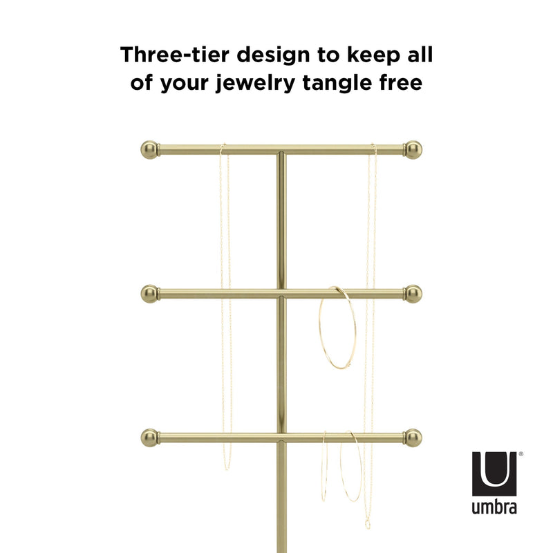 Trigem jewelry stand with a three tier design to keep all of your jewelry tangle-free. (Product Name: TRIGEM JEWELRY STAND - BRASS, Brand Name: Umbra)