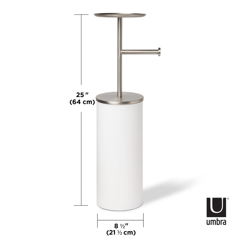 An Umbra Portaloo Toilet Paper Stand - White/Nickel with measurements.