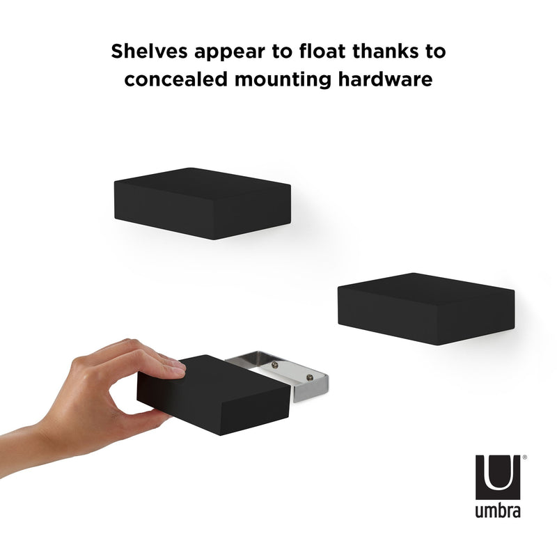 Shelves appear to float thanks to condensed mounting hardware in the Umbra Set (3) Showcase Shelves - Black range.