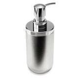 A modern stainless steel Umbra Junip Soap Pump, featured on a white background.