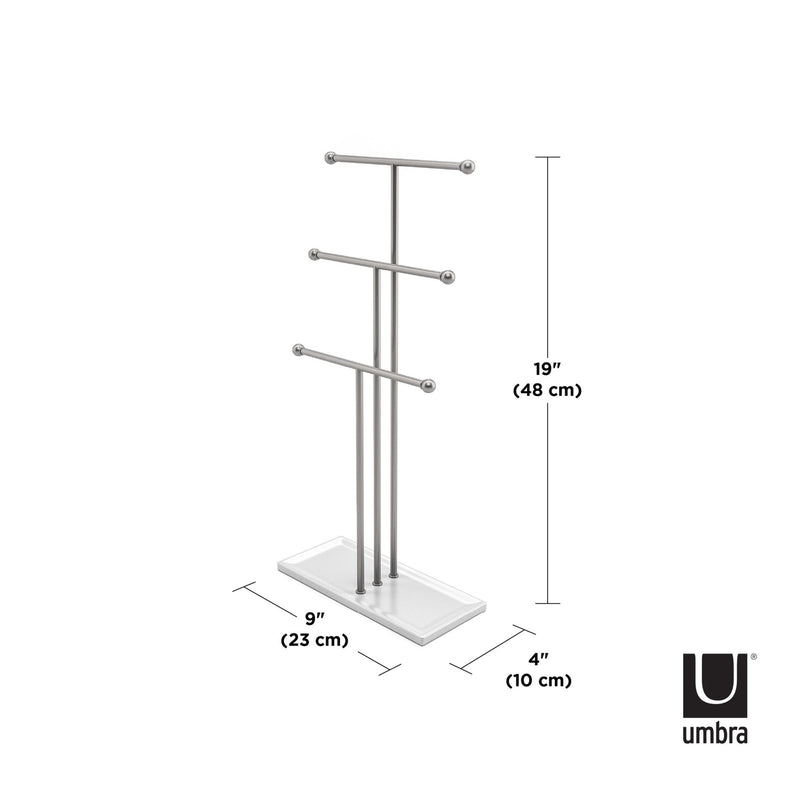An image of a Umbra TRIGEM JEWELRY STAND NICKEL with measurements.
