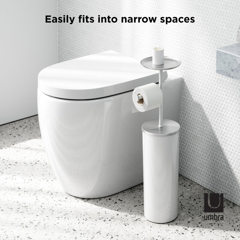 An Umbra Portaloo Toilet Paper Stand - White/Nickel with a toilet paper holder next to it.