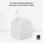 A Casa Tissue Box Cover White with the words fun and functional design for any room in your home or office by Umbra.
