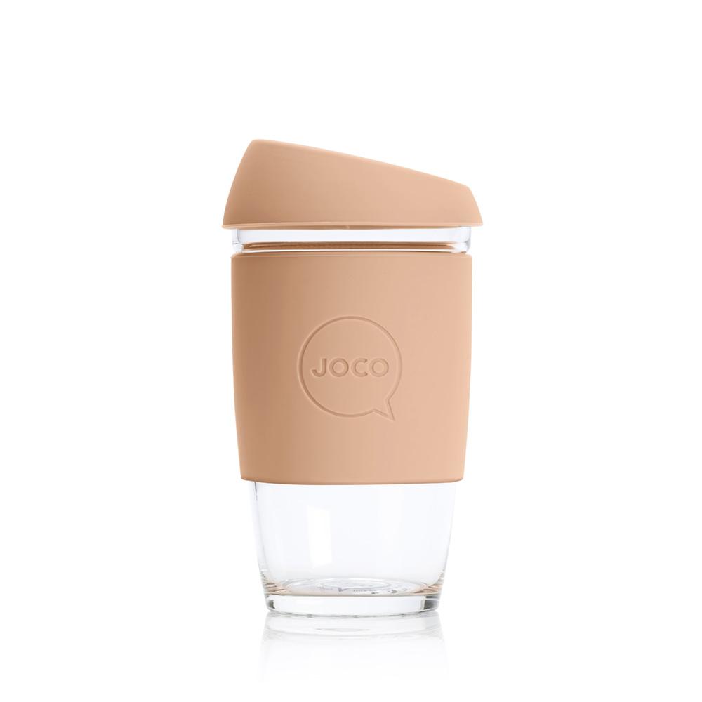 Joco 6oz glass takeaway cup in Amberlight, with a matching silicone lid and sleeve