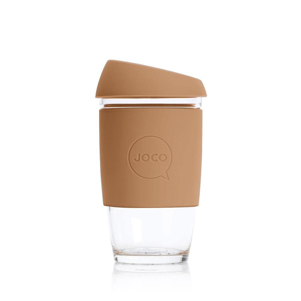 Joco 6oz glass takeaway cup in Butterum, with a matching silicone lid and sleeve