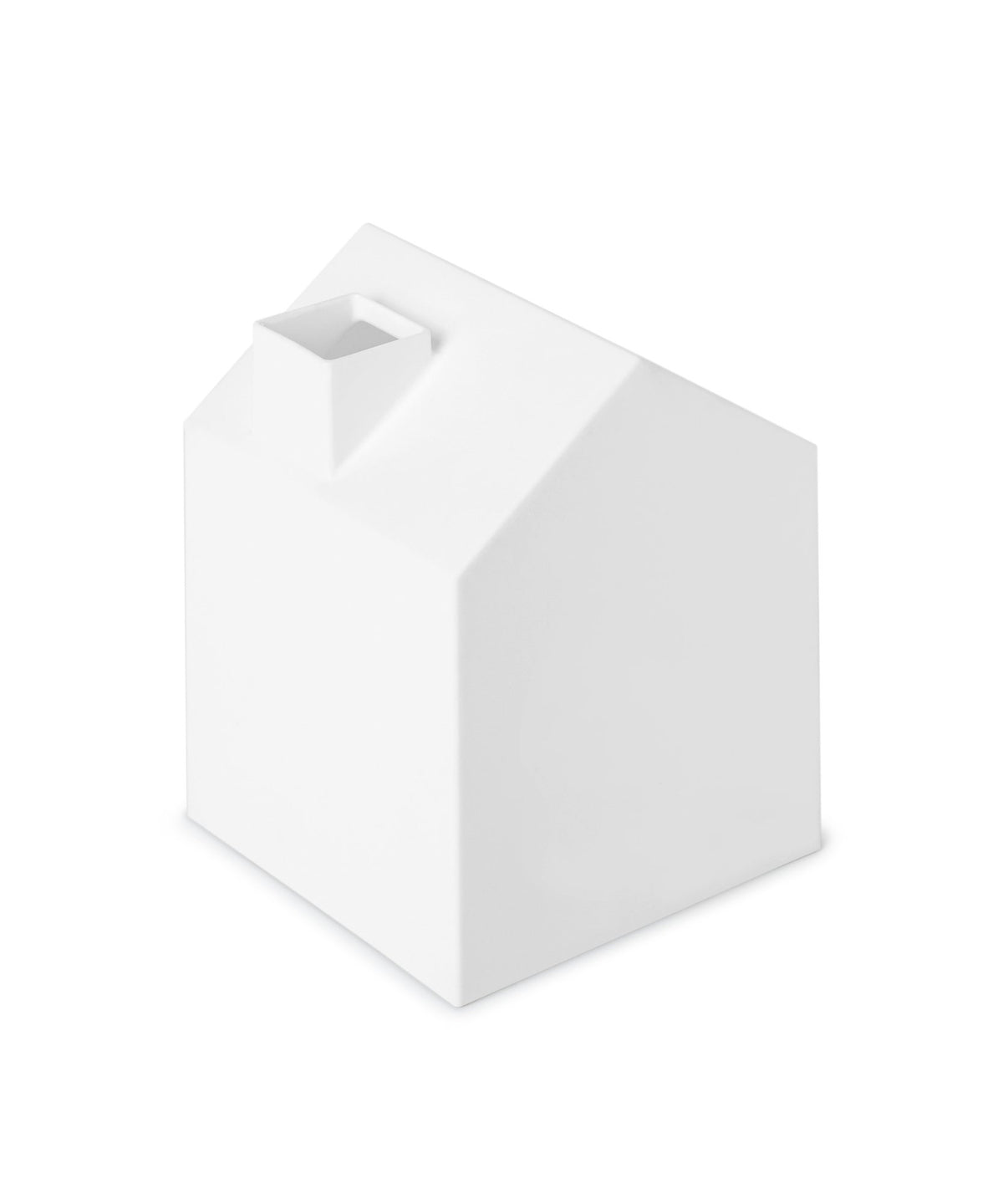 Umbra Casa white tissue box cover seen at an angle, chimney slot set into the roof