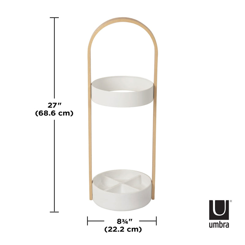 A waterproof HUB UMBRELLA STAND WHITE with two tiers and a rust-proof wooden base, made by Umbra.