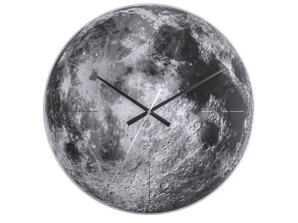 An open face Karlsson wall clock featuring a black and white image of the moon with a silent movement.