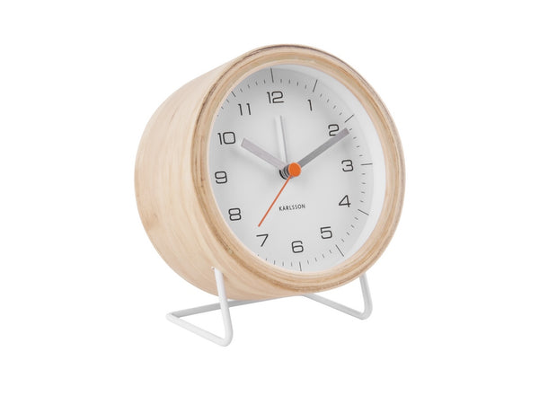 A Alarm Innate - Various Colours wooden alarm clock with a white stand. by Karlsson