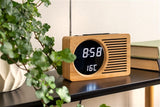 A Karlsson Retro Radio with Scandinavian design complements the shelf decor next to a plant.