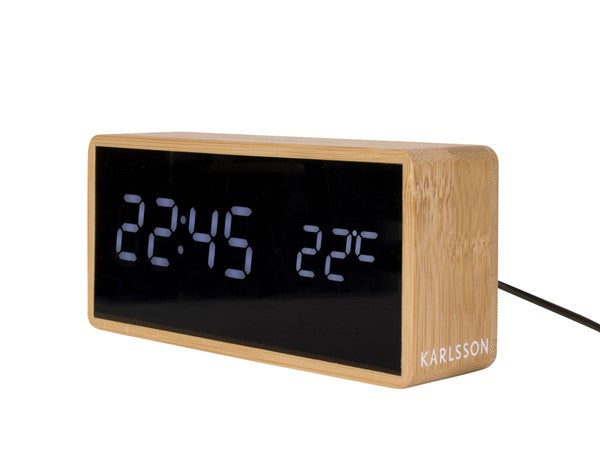 A minimalist clock design with a digital display.