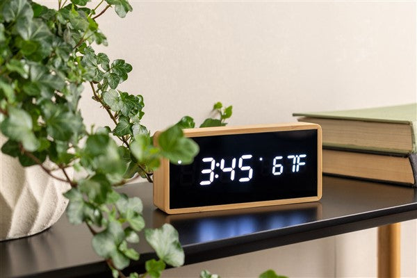 Aesthetic Karlsson alarm clock decorates a table alongside a plant.