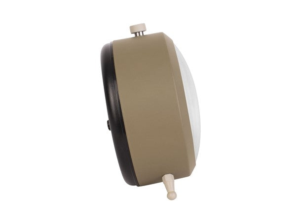 Side profile of the moss green Button alarm clock showing its slim feet