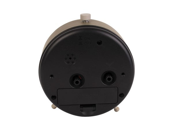 Back of the Button alarm clock showing the battery compartment and setting knobs