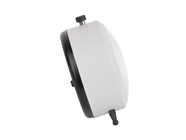 Side profile of the white Button alarm clock with a black top knob and feet