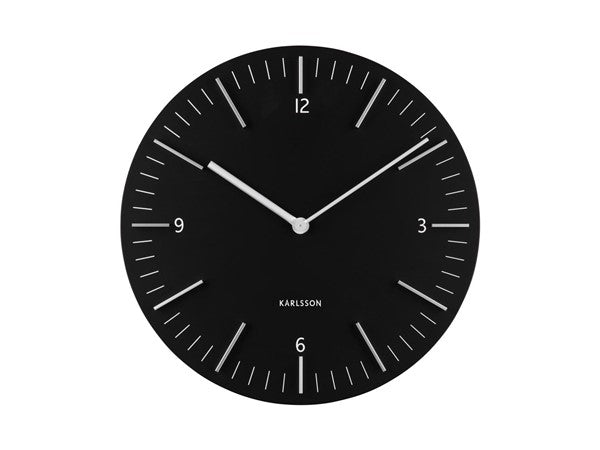Detailed wall clock in black, front view with silver hands