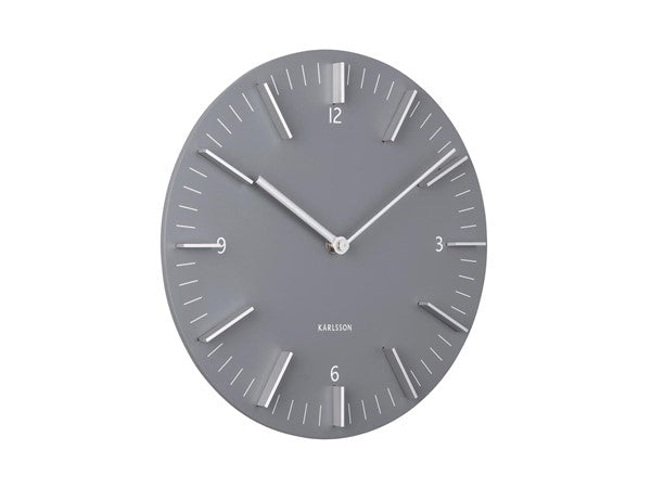 Detailed wall clock in grey, angled view