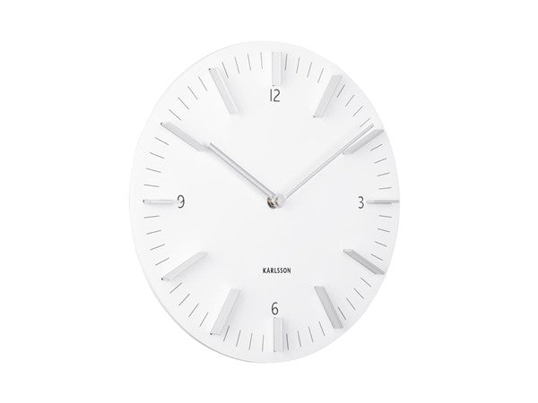 Detailed wall clock in white, angled view