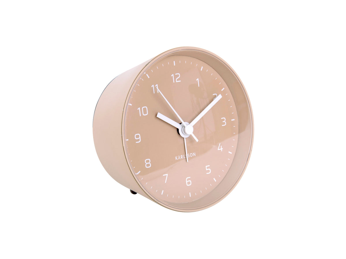 Karlsson Cone alarm clock in Sand Brown, angled on a white background