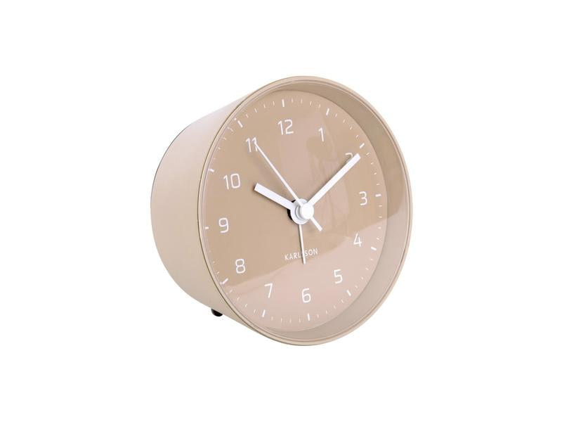 Karlsson Cone alarm clock in Sand Brown, angled on a white background