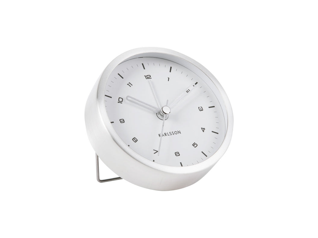 Karlsson Tinge Alarm Clock with brushed steel rim in white on a white background