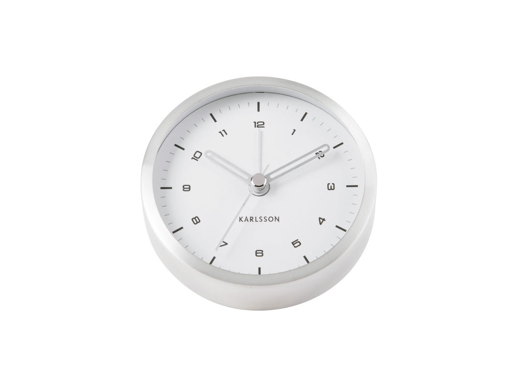 Karlsson Tinge Alarm Clock with brushed steel rim in white, angled view