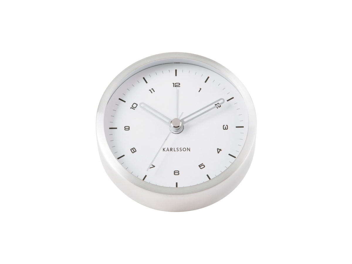 Karlsson Tinge Alarm Clock with brushed steel rim in white, angled view