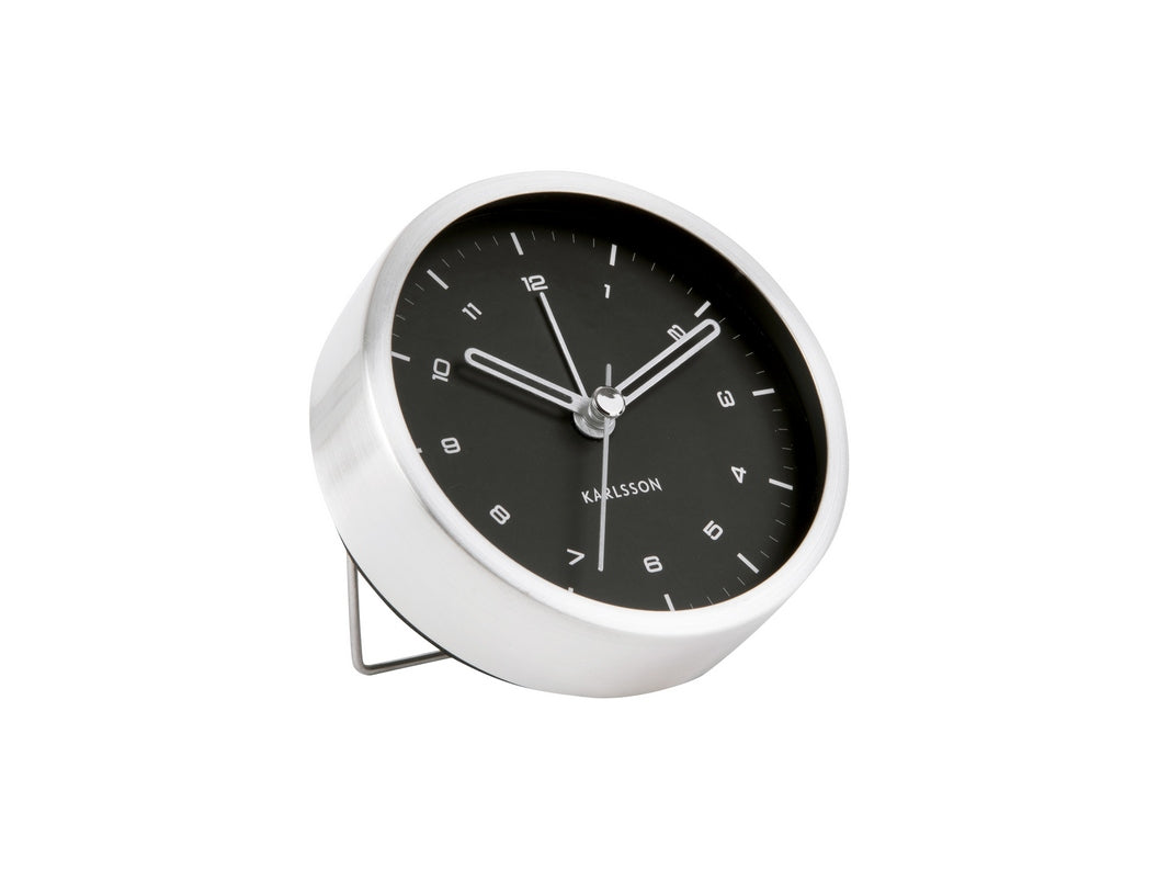 Karlsson Tinge Alarm Clock with brushed steel rim in black on a white background