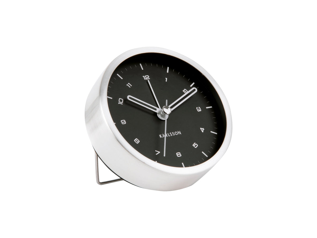 Karlsson Tinge Alarm Clock with brushed steel rim in black on a white background