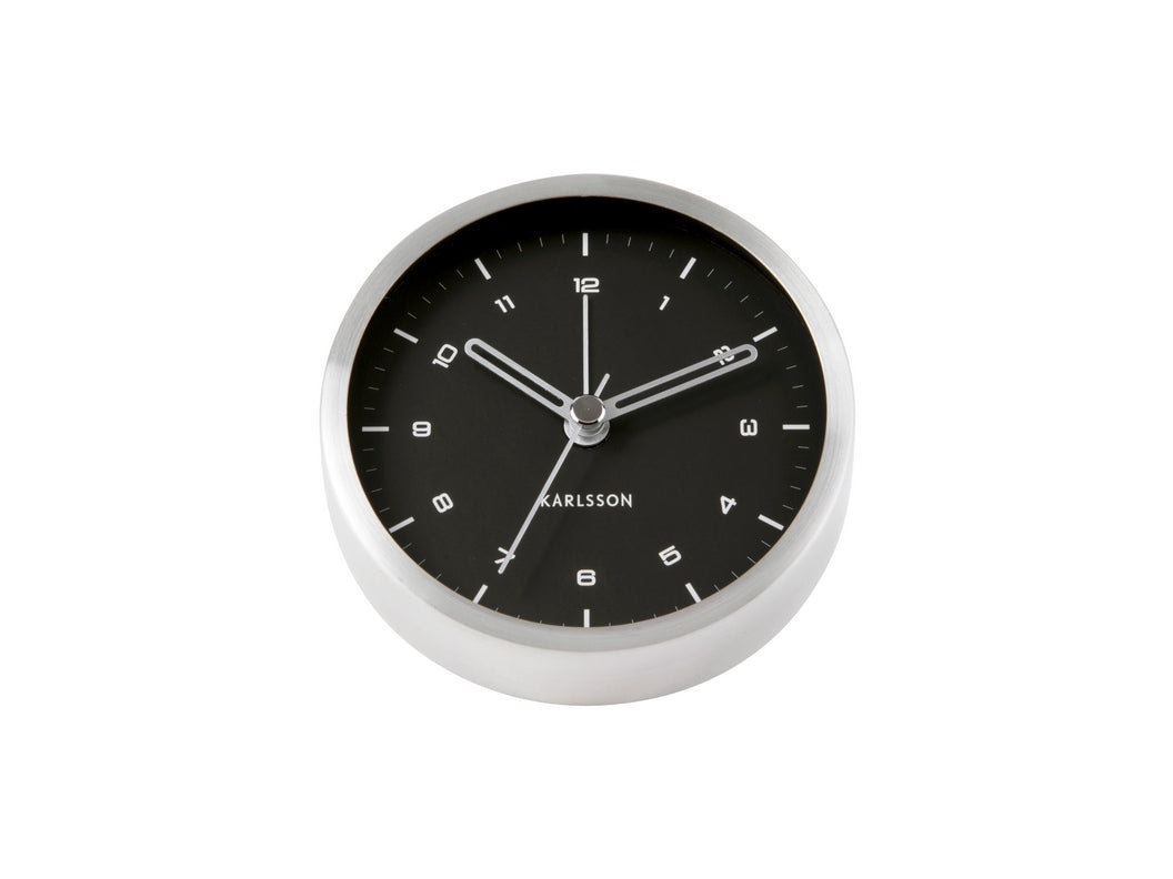 Karlsson Tinge Alarm Clock with brushed steel rim in black, angled view
