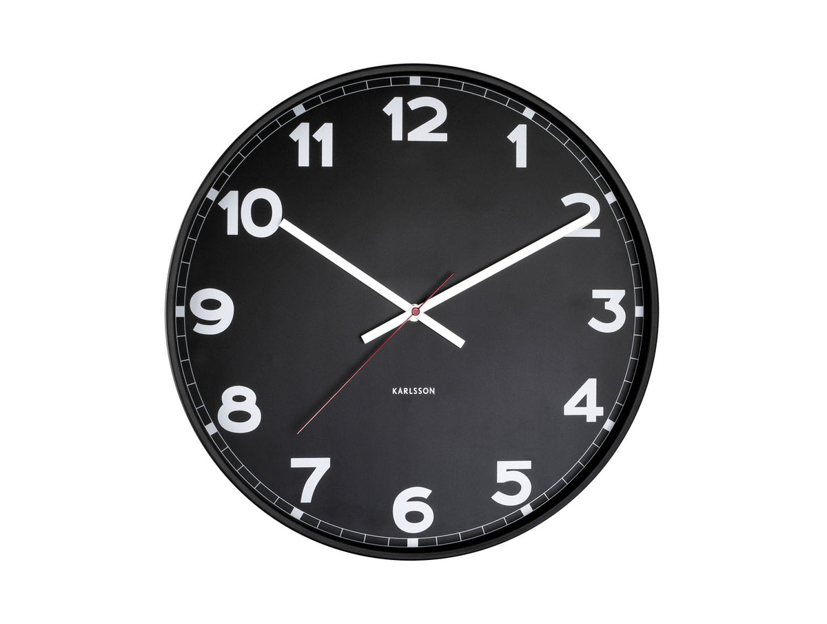 Karlsson New Classic wall clock in black with pale numerals, on a white background