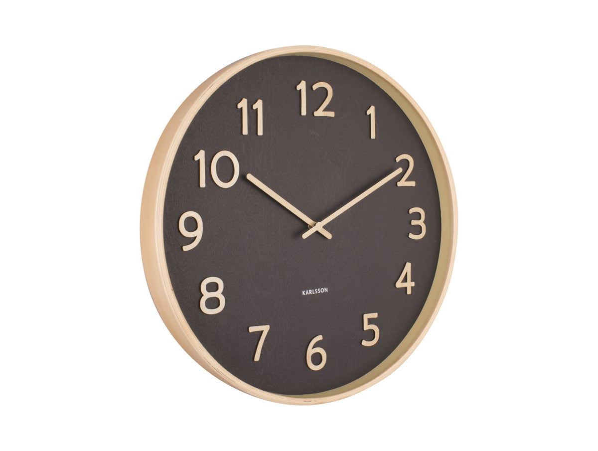 Karlsson Pure Wall Clock with moss green face and basswood frame, front view on white